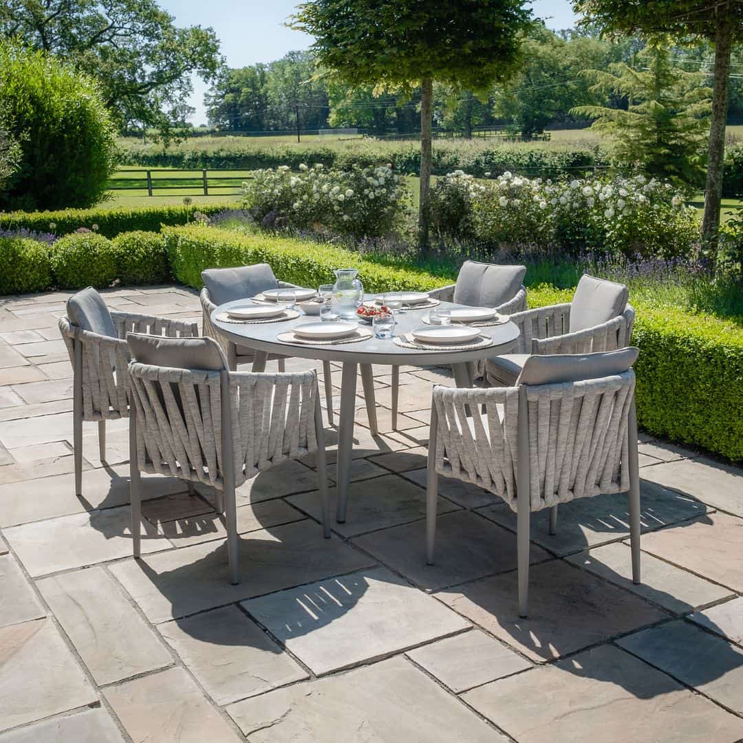 Light Grey Rope Weave Fabric and Grey Frame 6 Seat Oval Dining Set with Lazy Susan #colour_cool linen and dawn grey
