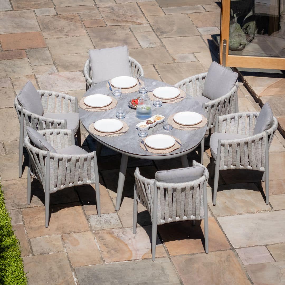 Light Grey Rope Weave Fabric and Grey Frame 6 Seat Oval Dining Set with Lazy Susan #colour_cool linen and dawn grey