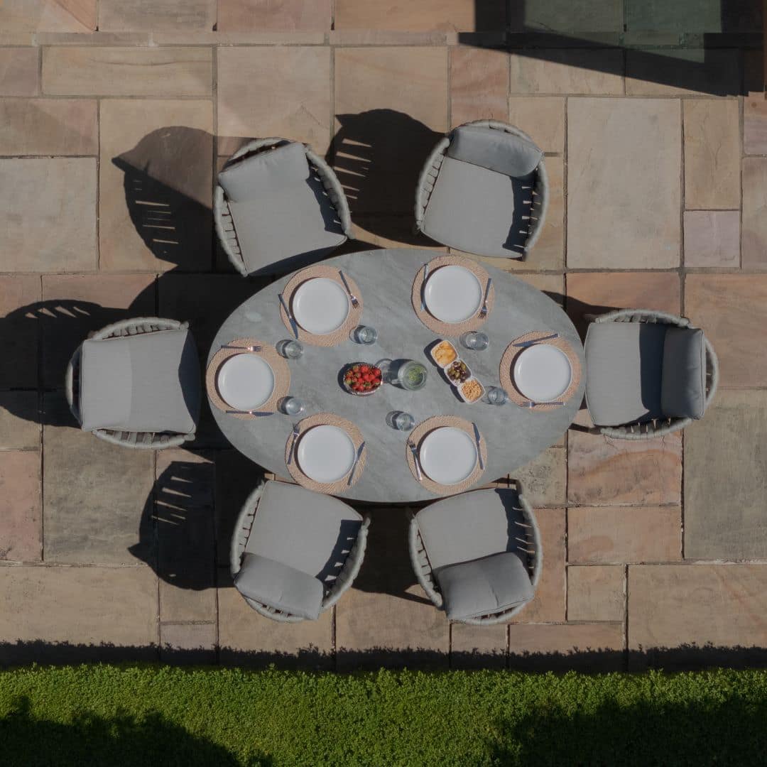 Light Grey Rope Weave Fabric and Grey Frame 6 Seat Oval Dining Set with Lazy Susan #colour_cool linen and dawn grey