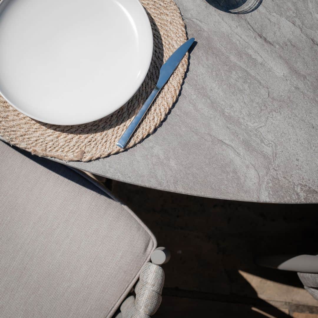 Light Grey Rope Weave Fabric and Grey Frame 6 Seat Oval Dining Set with Lazy Susan #colour_cool linen and dawn grey