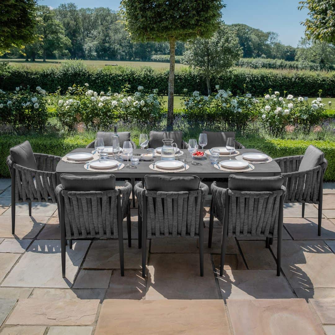 Mid Grey Rope Weave Fabric and Charcoal Frame 8 Seat Rectangular Dining Set #colour_mid grey and charcoal
