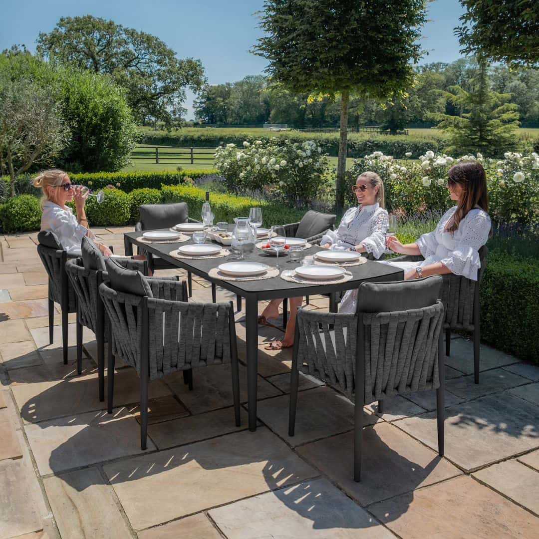 Mid Grey Rope Weave Fabric and Charcoal Frame 8 Seat Rectangular Dining Set #colour_mid grey and charcoal