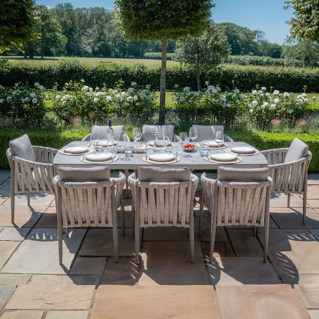 Light Grey Rope Weave Fabric and Grey Frame 8 Seat Rectangular Dining Set #colour_cool linen and dawn grey