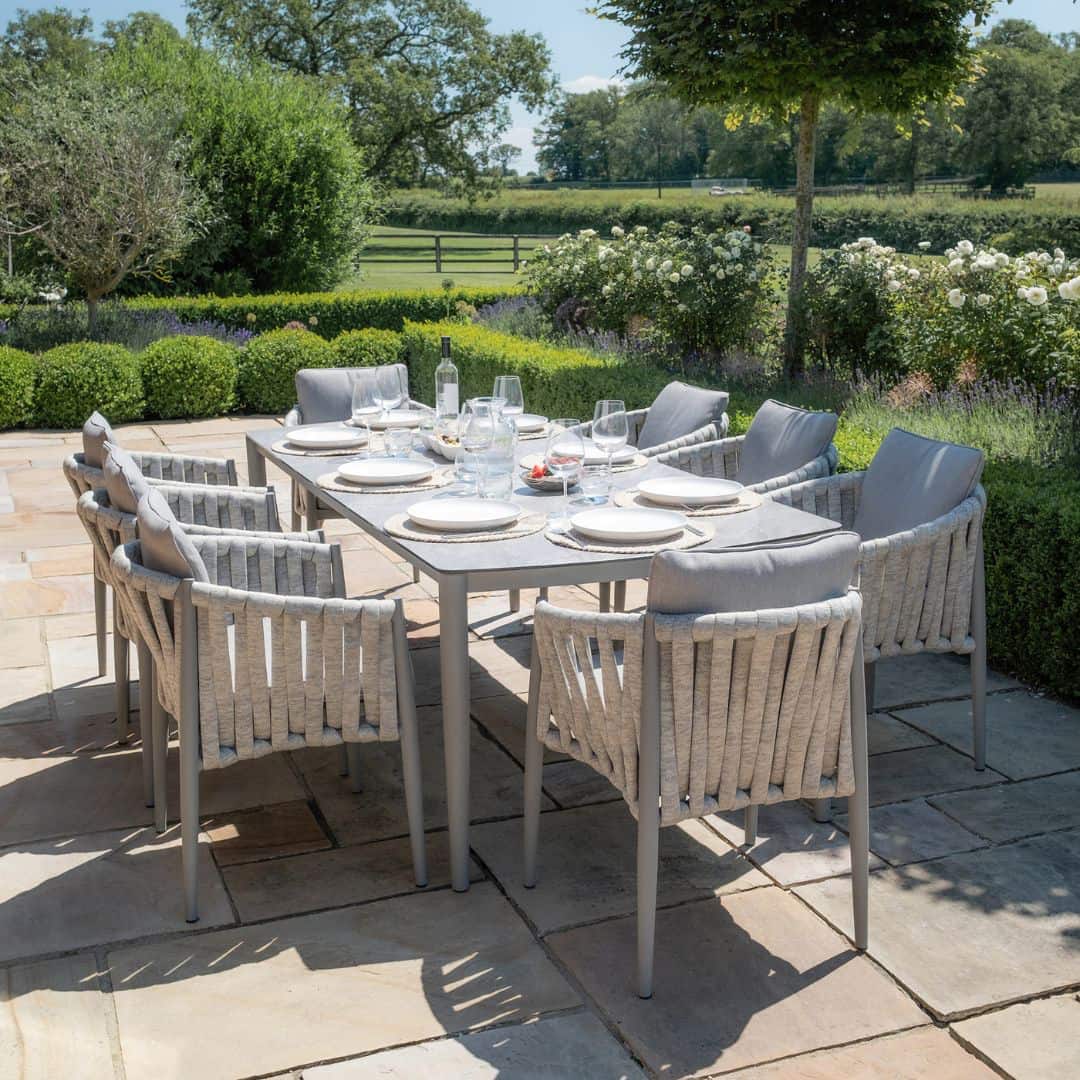 Light Grey Rope Weave Fabric and Grey Frame 8 Seat Rectangular Dining Set #colour_cool linen and dawn grey