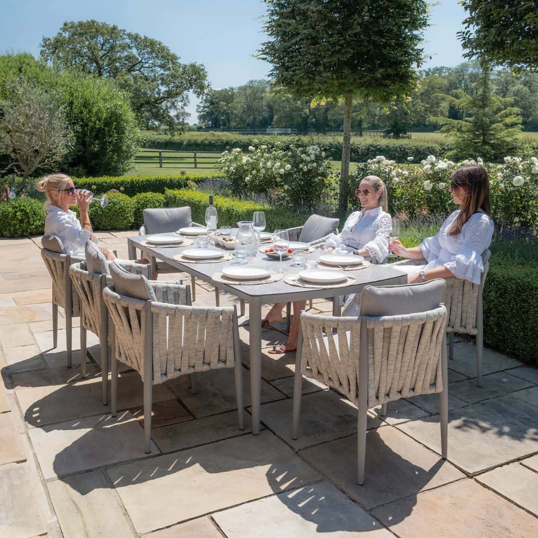 Light Grey Rope Weave Fabric and Grey Frame 8 Seat Rectangular Dining Set #colour_cool linen and dawn grey