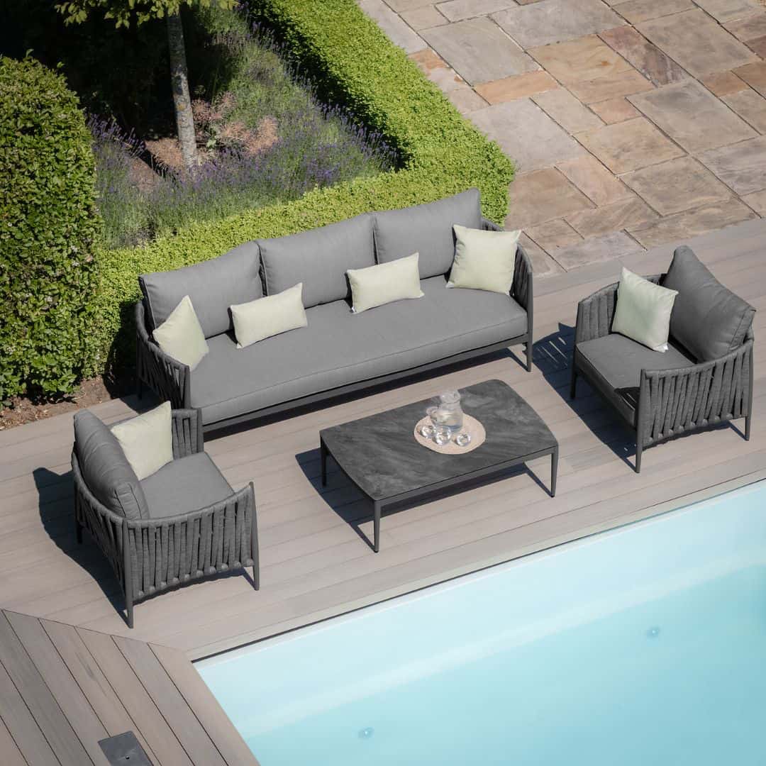 Mid Grey Rope Weave Fabric and Charcoal Frame 3 Seat Sofa Set with 2 Armchairs and a Rectangular Coffee Table #colour_mid grey and charcoal