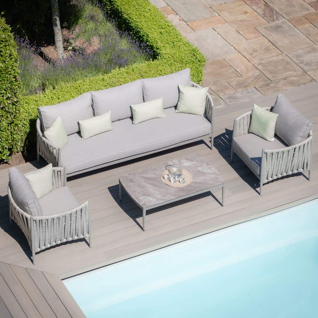 Light Grey Rope Weave Fabric and Grey Frame 3 Seat Sofa Set with 2 Armchairs and a Rectangular Coffee Table #colour_cool linen and dawn grey