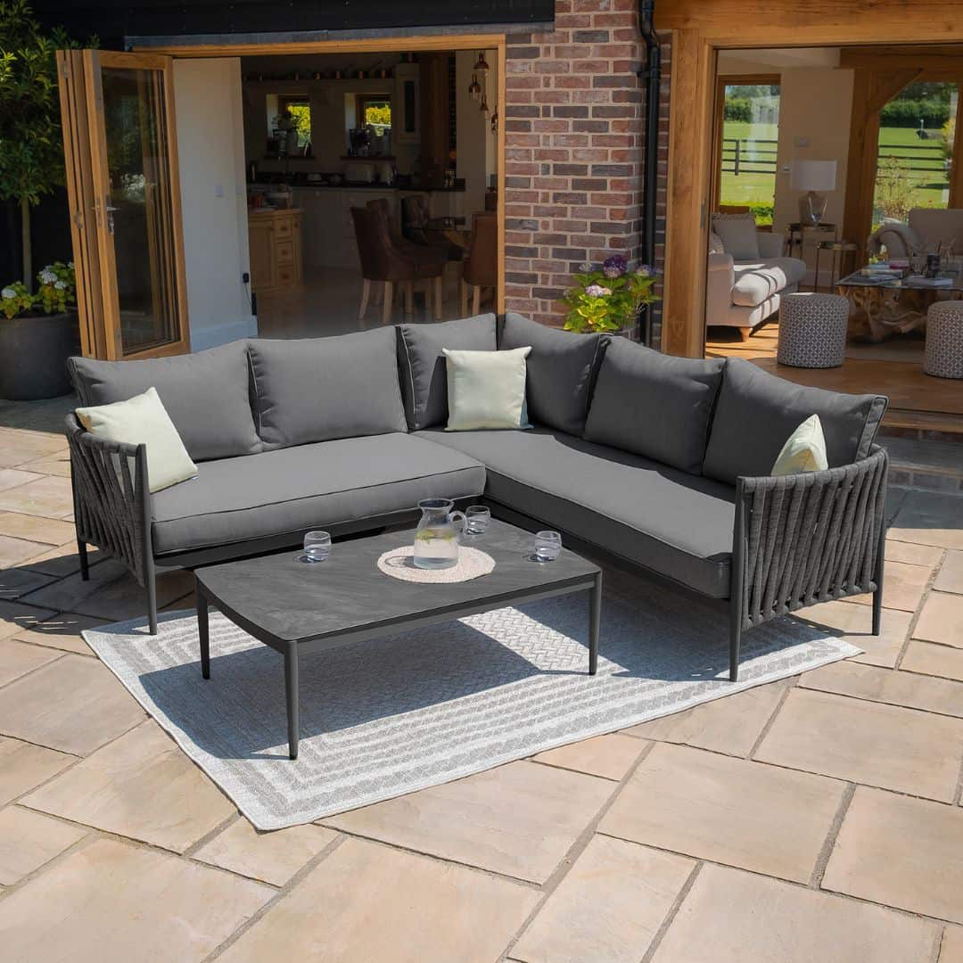 Mid Grey Rope Weave Fabric and Charcoal Frame Small Corner Sofa with a Rectangular Coffee Table #colour_mid grey and charcoal