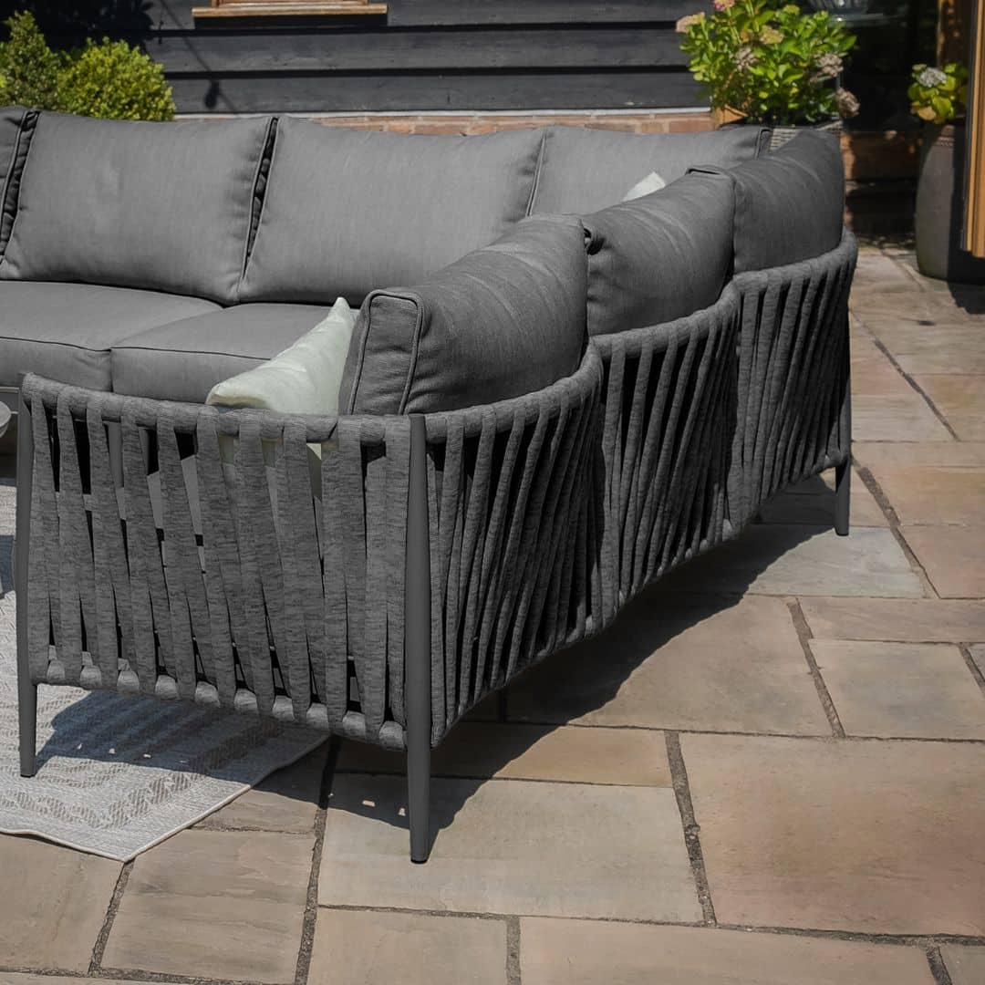 Mid Grey Rope Weave Fabric and Charcoal Frame Large Corner Sofa with an Armchair and a Rectangular Coffee Table #colour_mid grey and charcoal