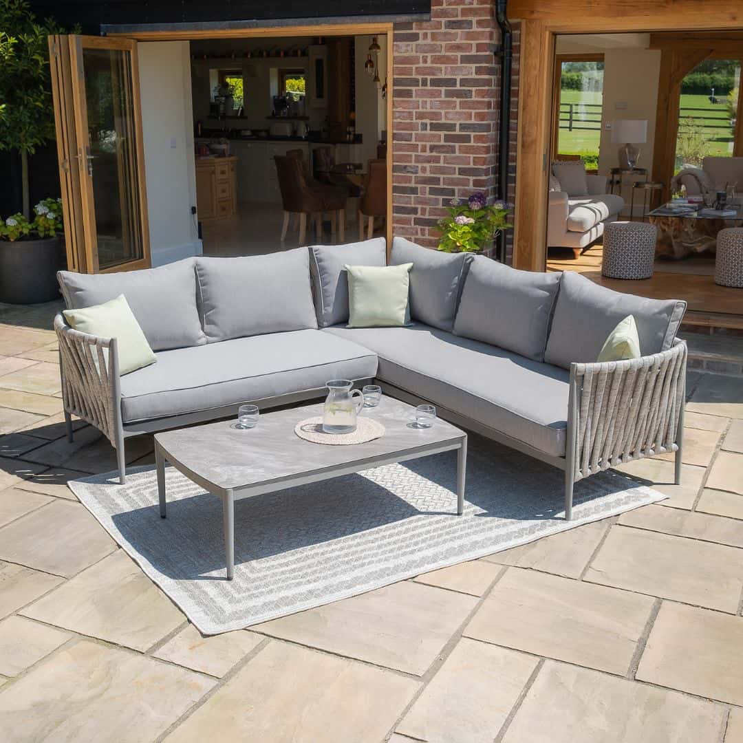 Light Grey Rope Weave Fabric and Grey Frame Small Corner Sofa with a Rectangular Coffee Table #colour_cool linen and dawn grey