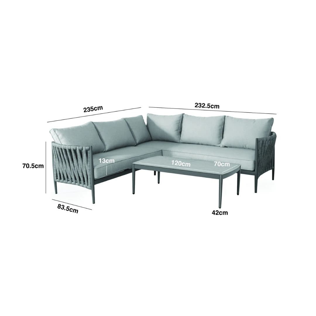 Dimension Footprint of a Rope Weave Small Corner Sofa and a Rectangular Coffee Table