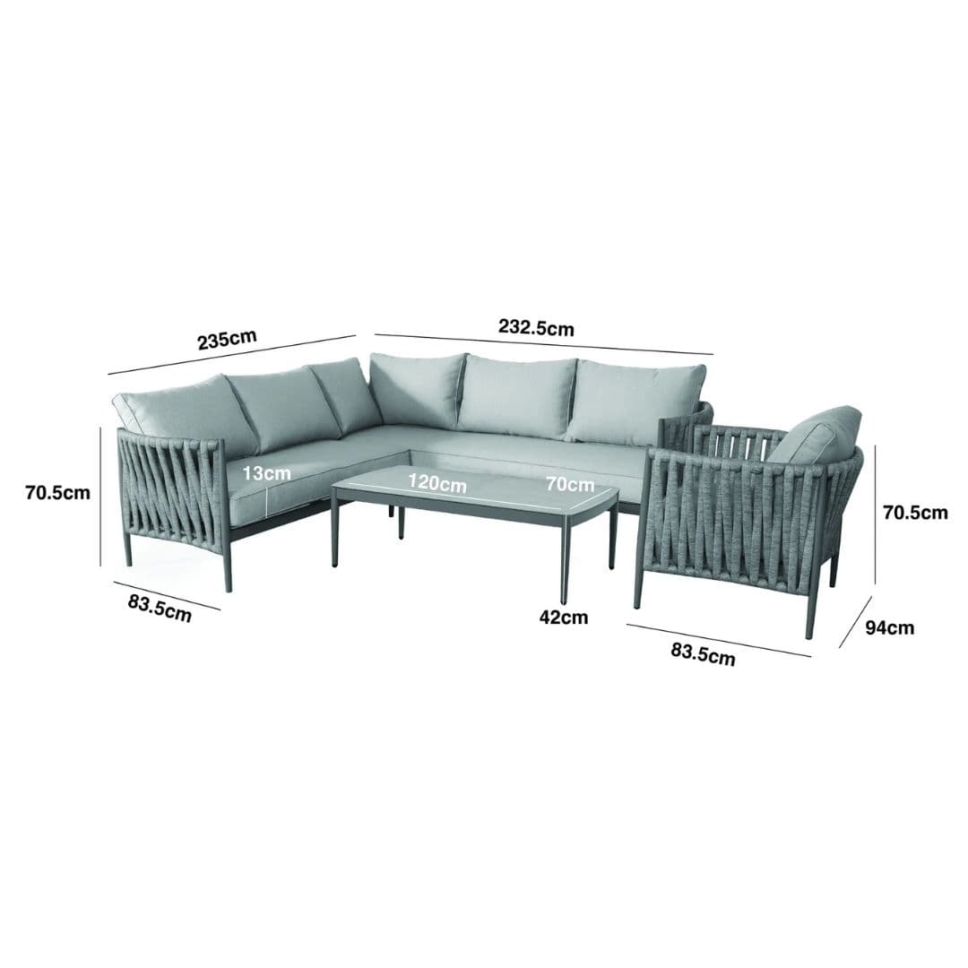 Dimension Footprint of a Rope Weave Fabric Small Corner Sofa with an Armchair and a Rectangular Coffee Table