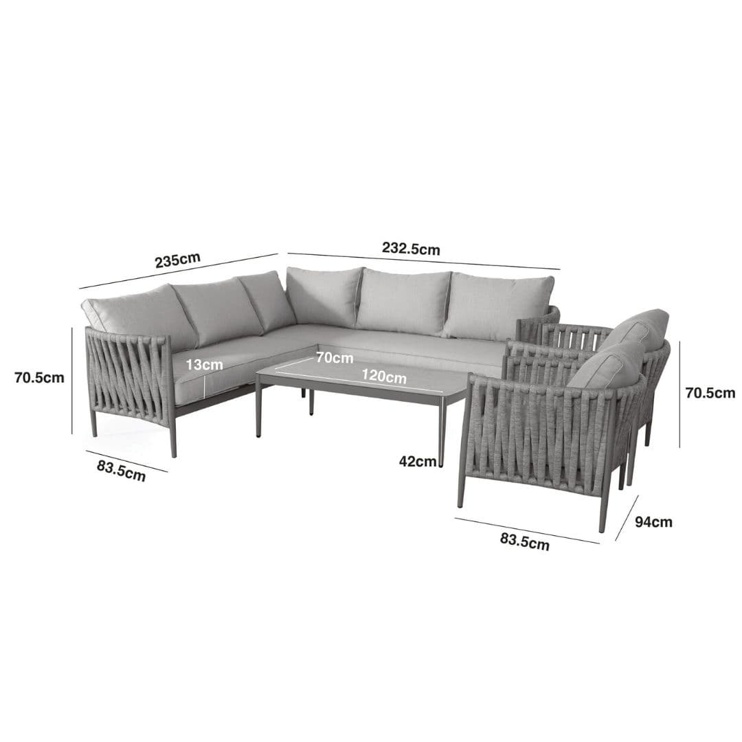 Dimension Footprint of a Rope Weave Fabric Small Corner Sofa with 2 Armchairs and a Rectangular Coffee Table