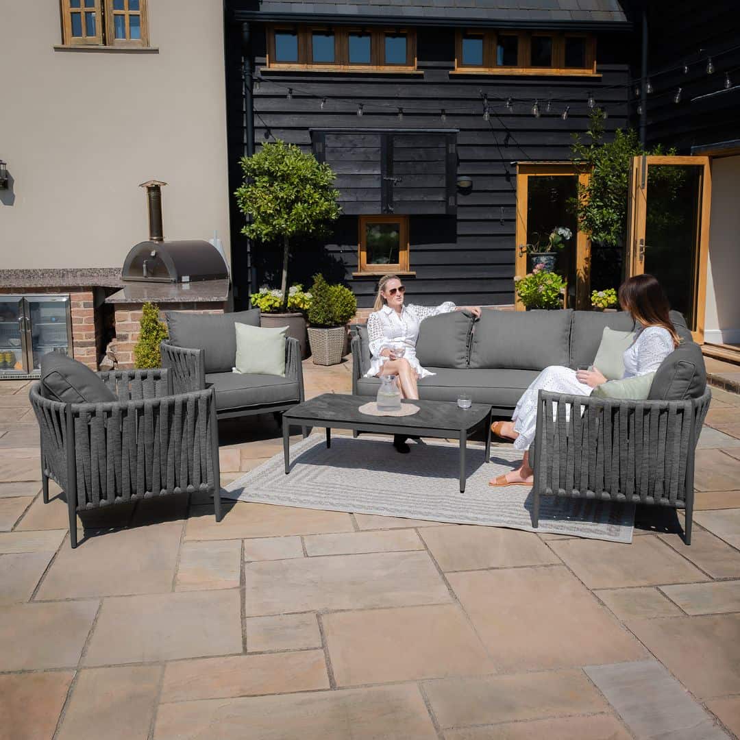 Mid Grey Rope Weave Fabric and Charcoal Frame Small Corner Sofa with 2 Armchairs and a Rectangular Coffee Table #colour_mid grey and charcoal