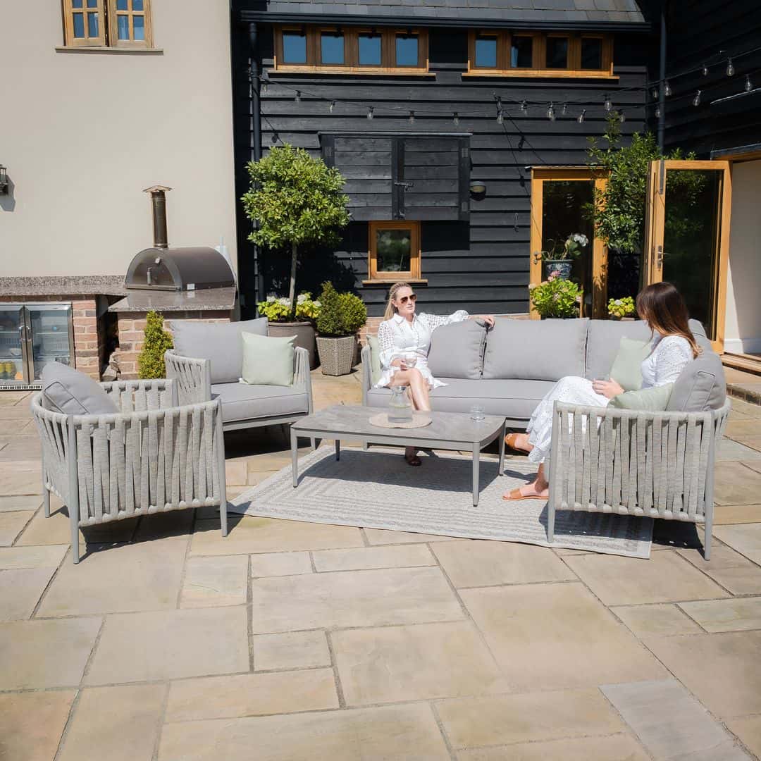 Light Grey Rope Weave Fabric and Grey Frame Small Corner Sofa with 2 Armchairs and a Rectangular Coffee Table #colour_cool linen and dawn grey