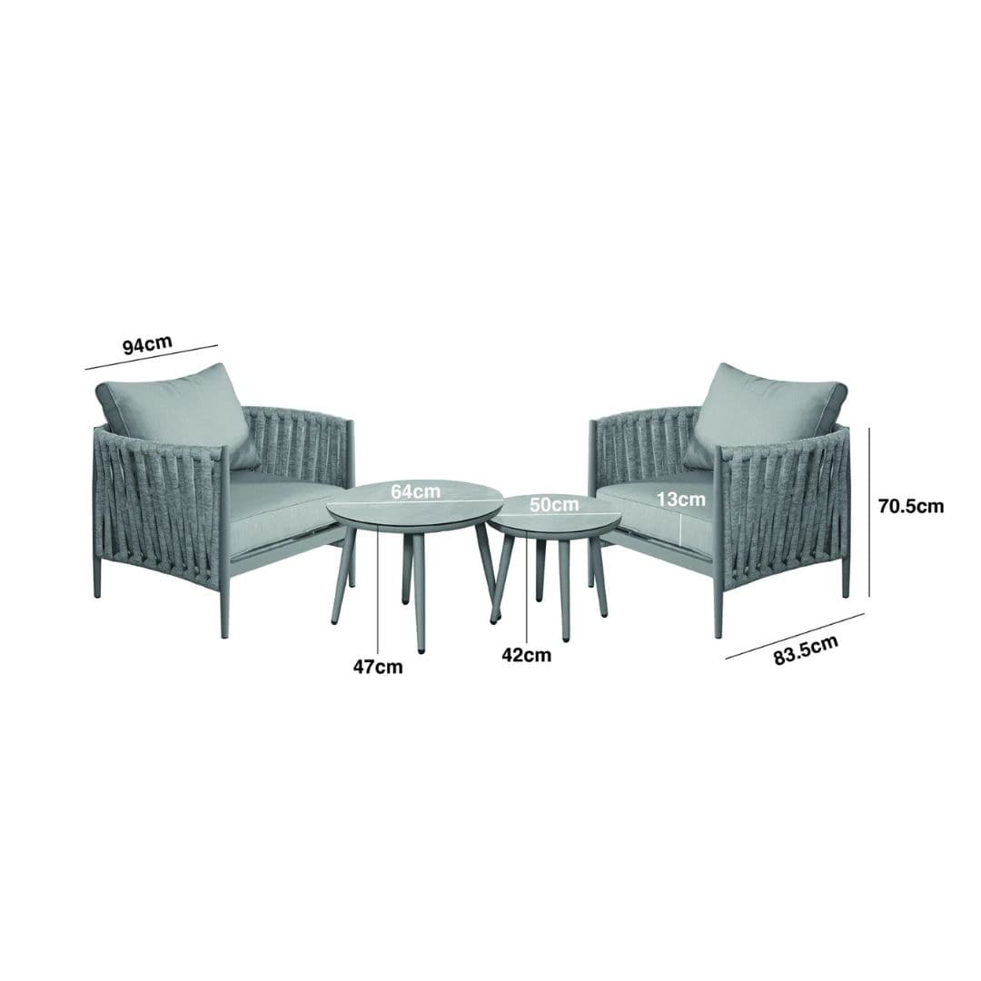 Dimension Footprint of a Rope Weave Fabric Lounge Set with 2 Round Coffee Tables
