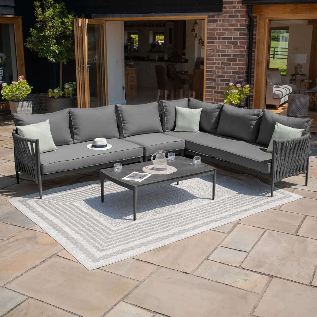 Mid Grey Rope Weave Fabric and Charcoal Frame Large Corner Sofa with a Rectangular Coffee Table #colour_mid grey and charcoal