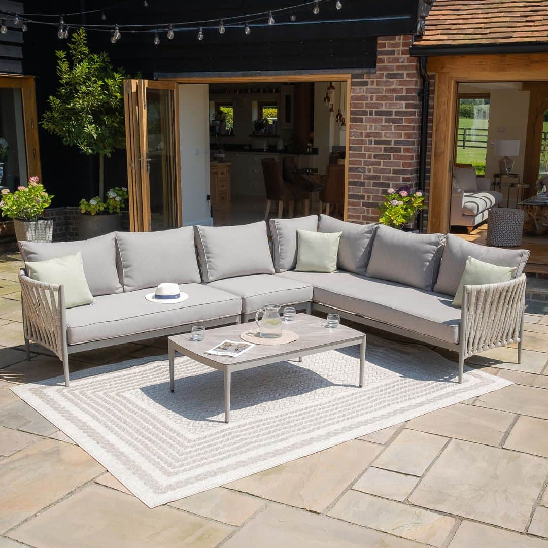 Light Grey Rope Weave Fabric and Grey Frame Large Corner Sofa with a Rectangular Coffee Table #colour_cool linen and dawn grey