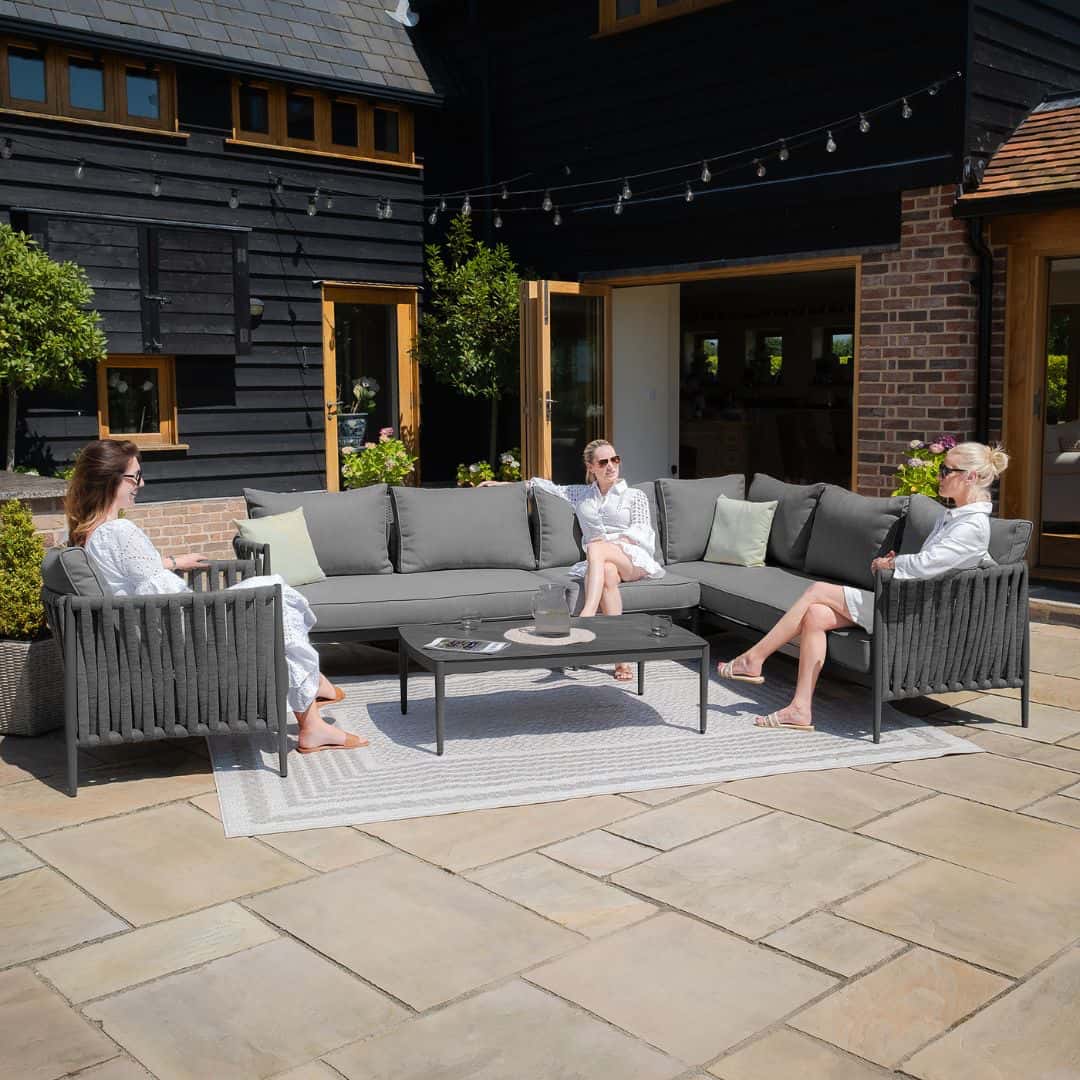 Mid Grey Rope Weave Fabric and Charcoal Frame Large Corner Sofa with an Armchair and a Rectangular Coffee Table #colour_mid grey and charcoal