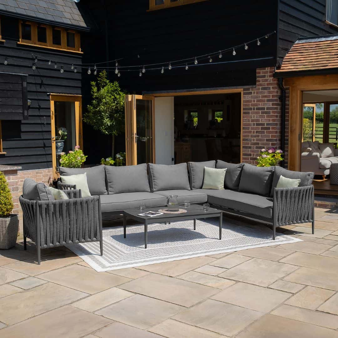Mid Grey Rope Weave Fabric and Charcoal Frame Large Corner Sofa with an Armchair and a Rectangular Coffee Table #colour_mid grey and charcoal