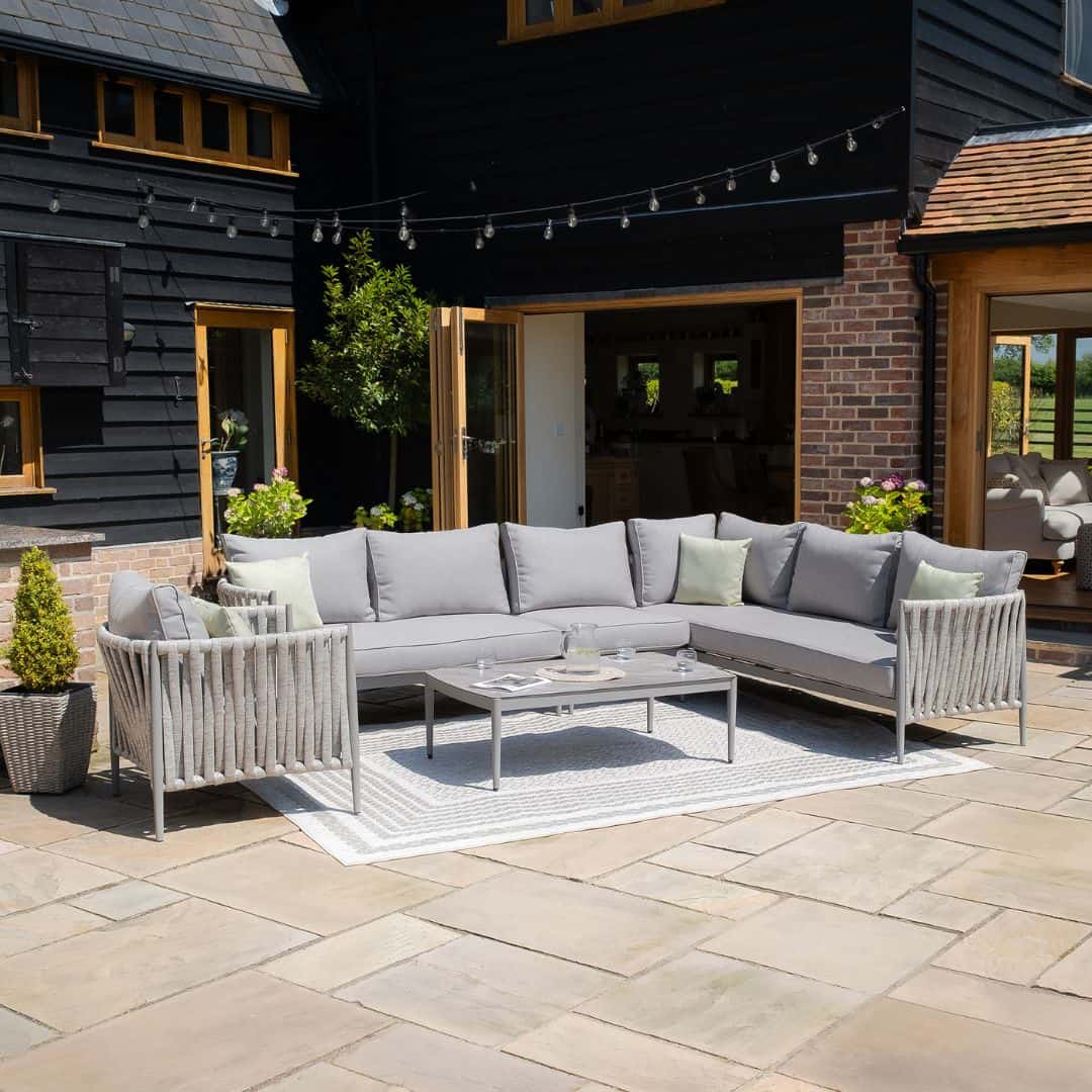 Light Grey Rope Weave Fabric and Grey Frame Large Corner Sofa with an Armchair and a Rectangular Coffee Table #colour_cool linen and dawn grey