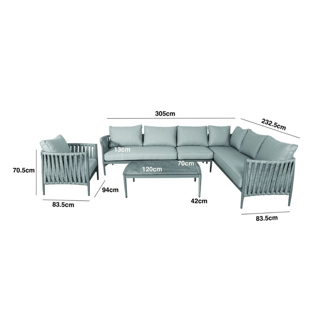 Dimension Footprint of a Rope Weave Fabric Large Corner Sofa with an Armchair and a Rectangular Coffee Table