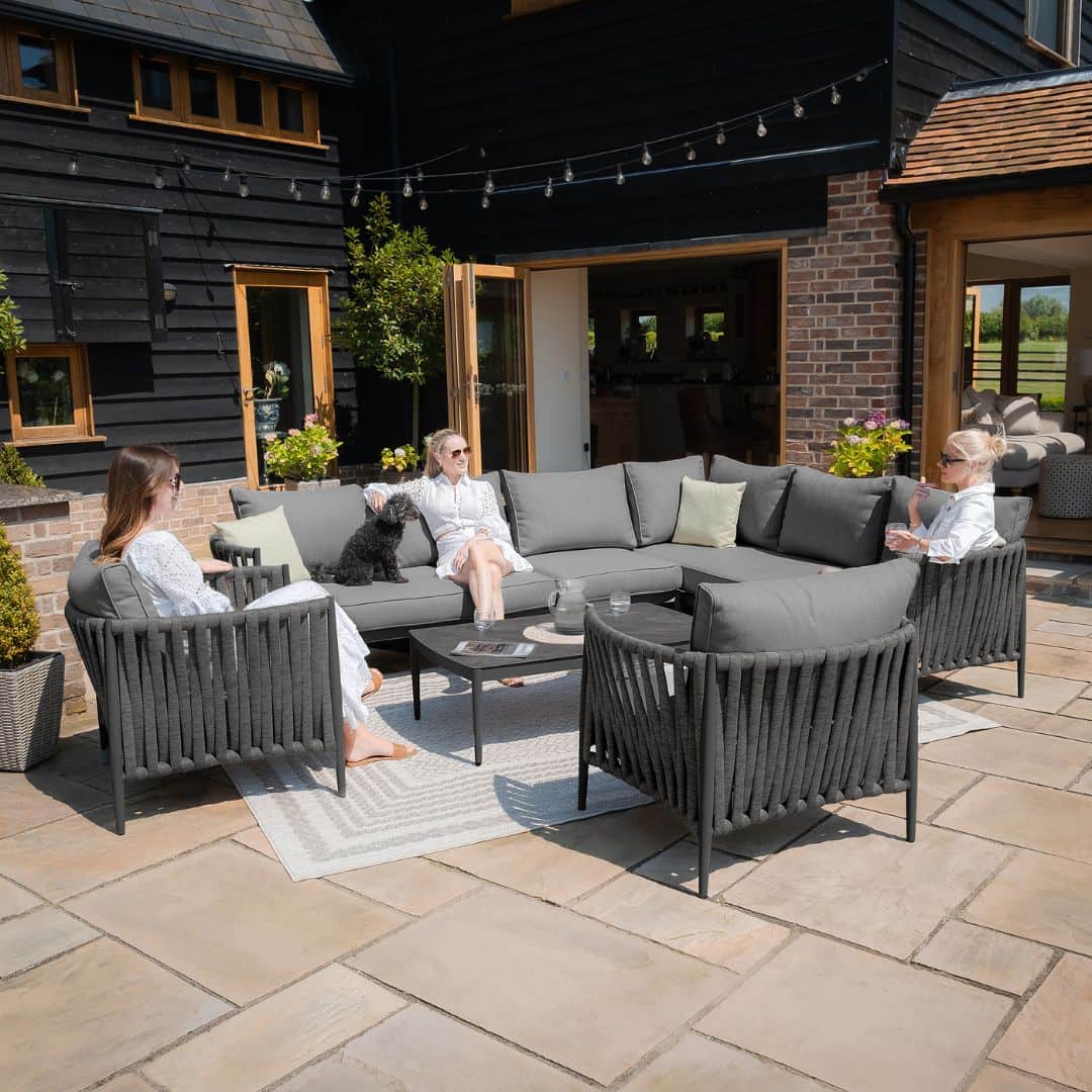 Mid Grey Rope Weave Fabric and Charcoal Frame Large Corner Sofa with 2 Armchairs and a Rectangular Coffee Table #mid grey and charcoal