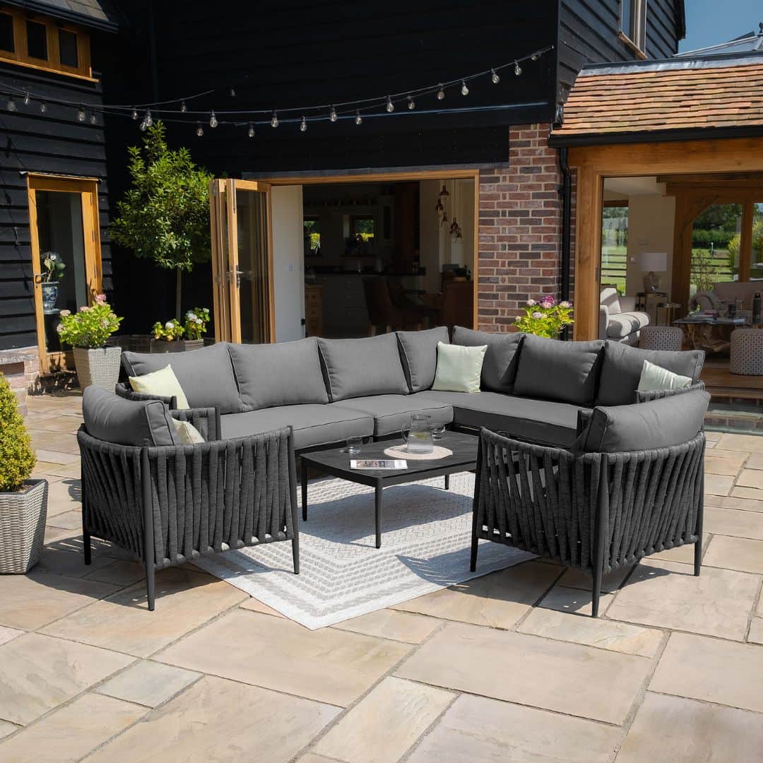 Mid Grey Rope Weave Fabric and Charcoal Frame Large Corner Sofa with 2 Armchairs and a Rectangular Coffee Table #mid grey and charcoal