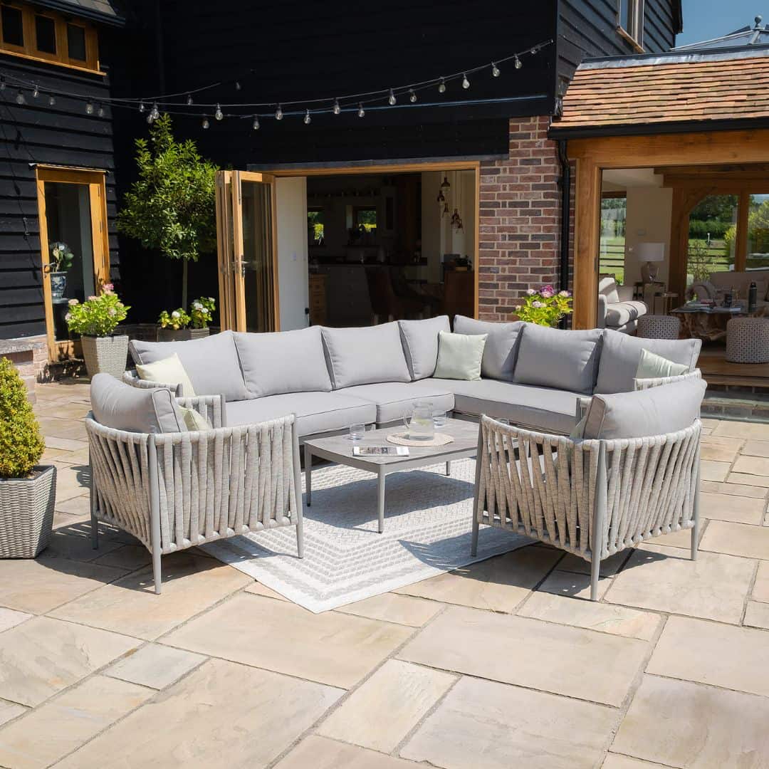 Light Grey Rope Weave Fabric and Grey Frame Large Corner Sofa with 2 Armchairs and a Rectangular Coffee Table #cool linen and dawn grey
