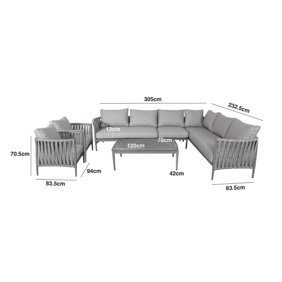 Dimension Footprint of a Rope Weave Fabric Corner Sofa with 2 Armchairs and a Rectangular Coffee Table