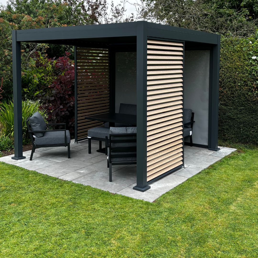 1m light oak aluminium fixed louvred side panel on a aluminium pergola