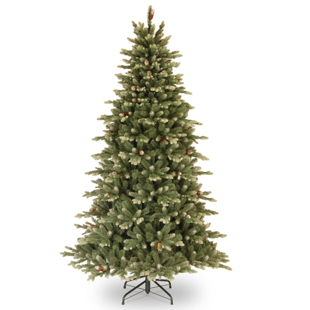 7.5' Copenhagen Spruce Tree Hinged Tree With 40 Flocked Pine Cones