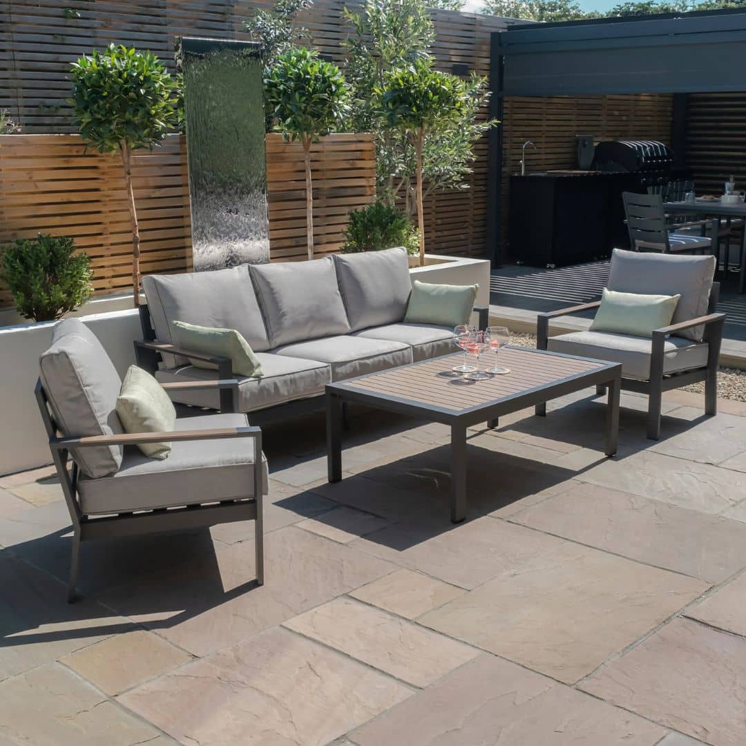 3 seat aluminium sofa set with wood effect arms and table top