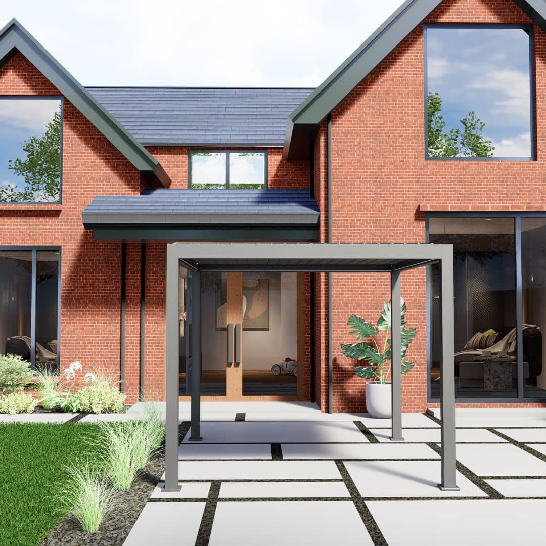 3m x 3m Anthracite Grey Motorised Louvred Roof Pergola with white LED lighting.