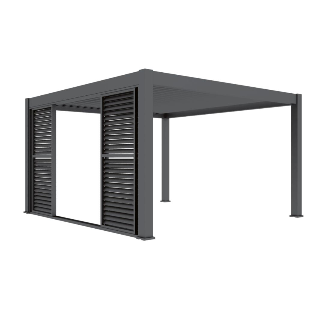 Grey aluminium pergola with louvred sliding doors.