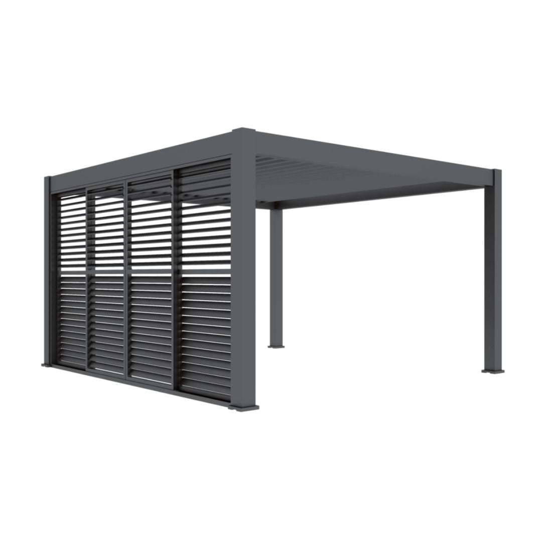 Grey aluminium pergola with louvred sliding doors