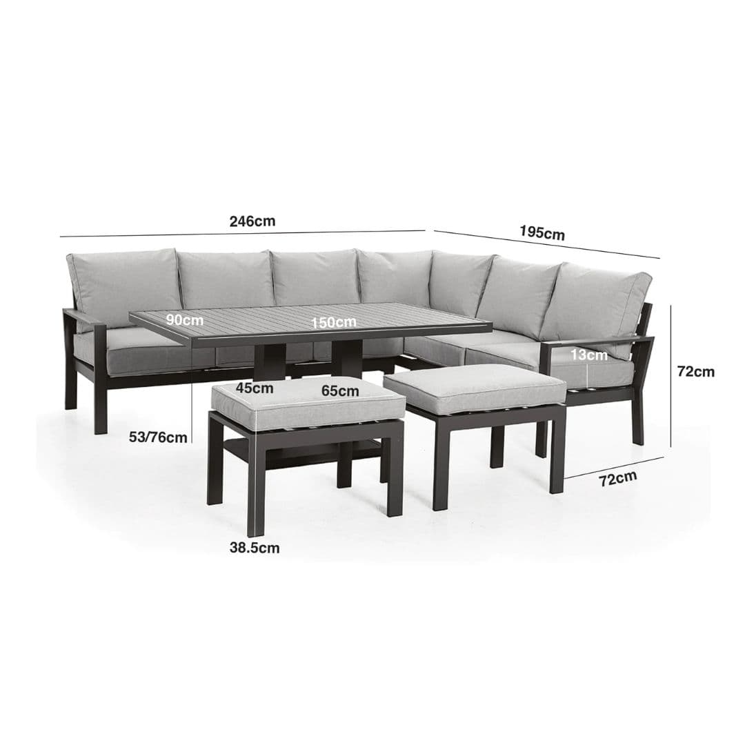 Line drawing for aluminium corner dining set with rising table.