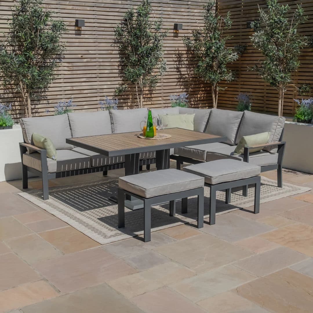 Aluminium corner sofa dining set with rising table and 2 stools.