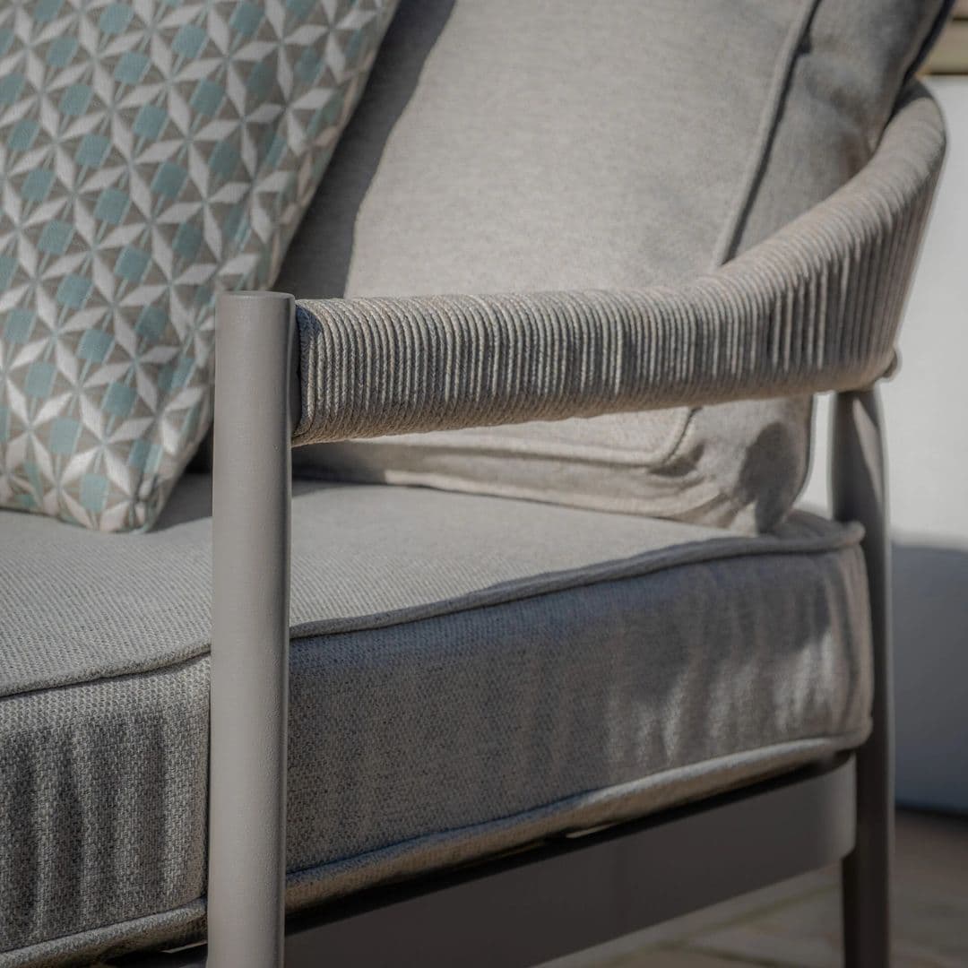 Cool linen with dawn grey frame pair of sun loungers with matching side table.