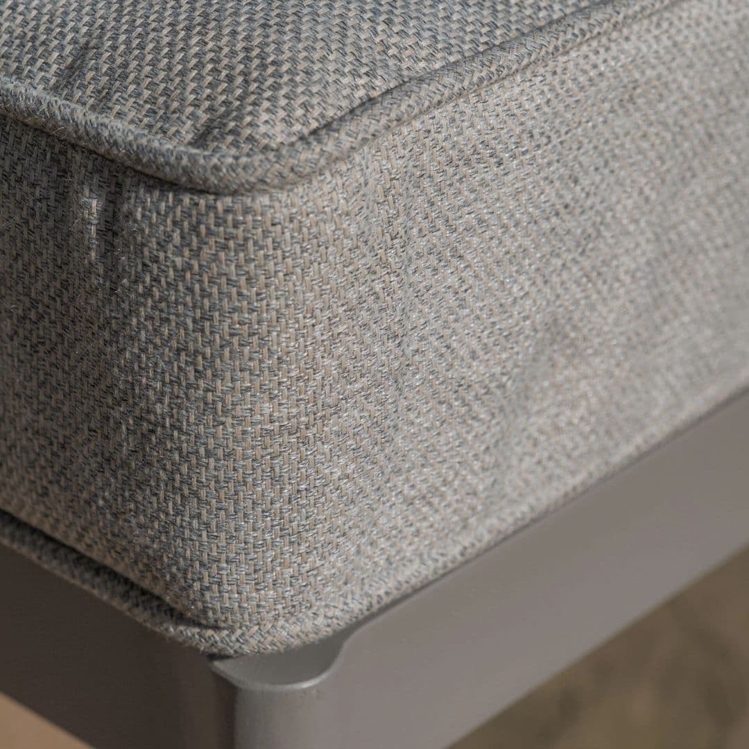 Cool linen with dawn grey frame pair of sun loungers with matching side table.