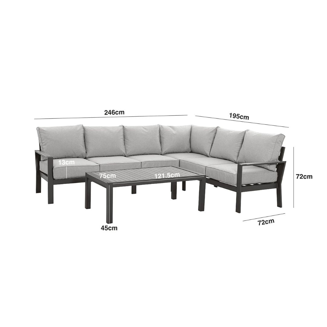 Line drawing of aluminium corner sofa set with coffee table.