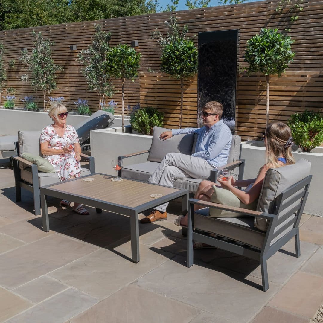 Aluminium 2 seat sofa with 2 matching chairs and coffee table.