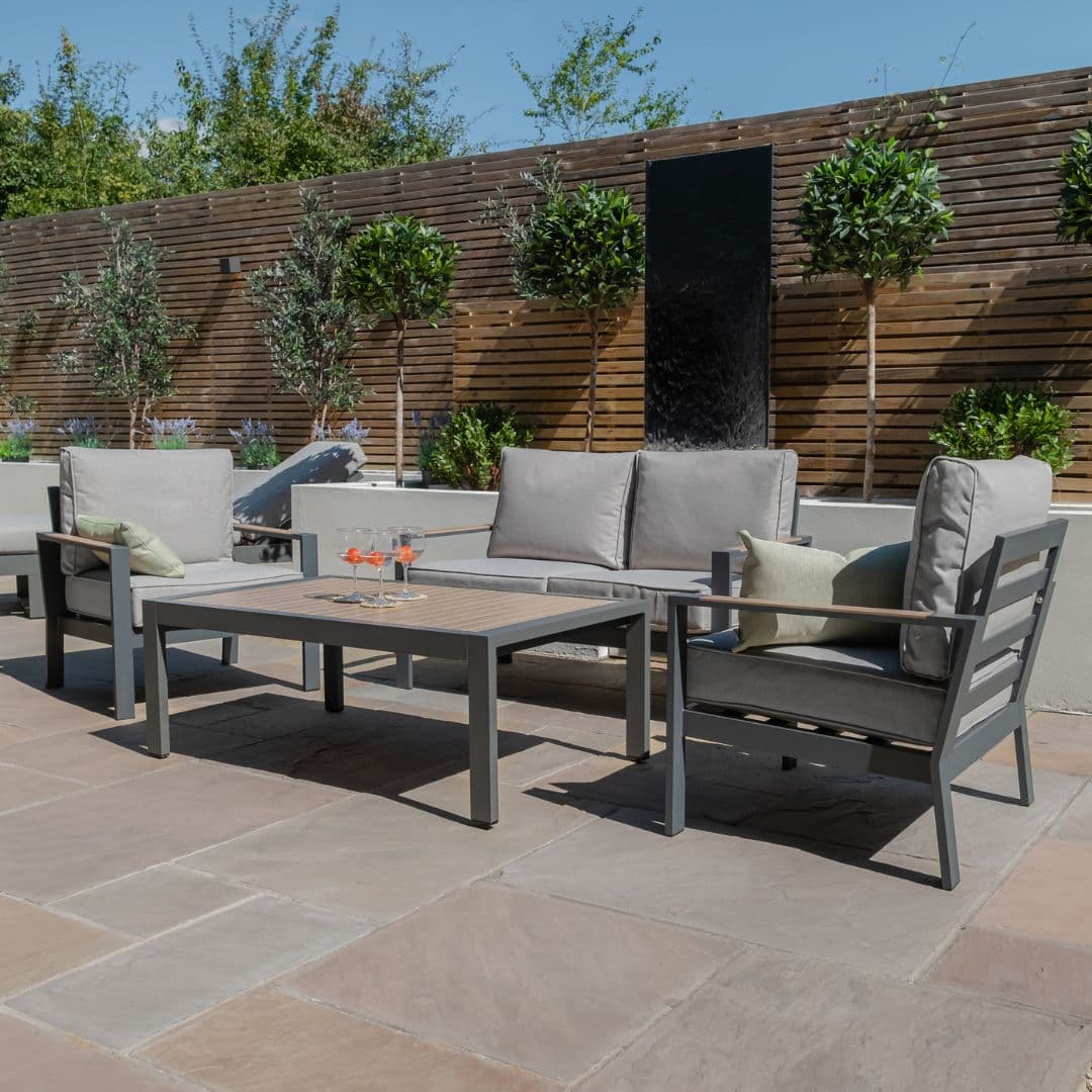 Aluminium 2 seat sofa with 2 matching chairs and coffee table.