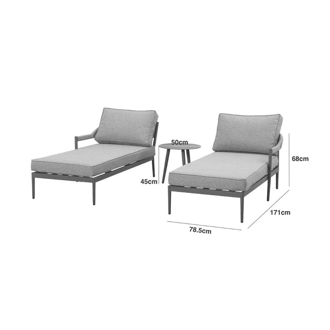 line drawing of a pair of sun loungers with side table.