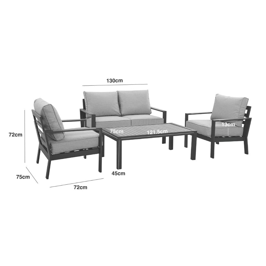 Line drawing of aluminium 2 seat sofa with 2 matching chairs and coffee table.