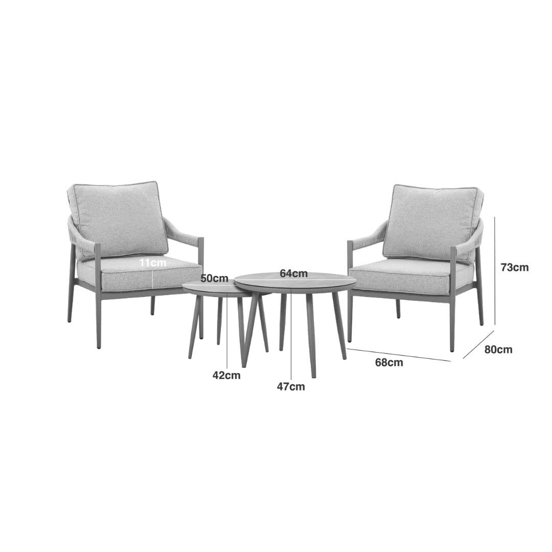 Line drawing of a 2-Seat Bistro Set with a Pair of Round Tables.