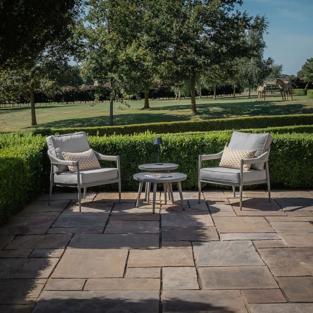 Cool linen with dawn grey frame Rope Weave 2-Seat Bistro Set with a Pair of Round Tables and Grey Cushions.
