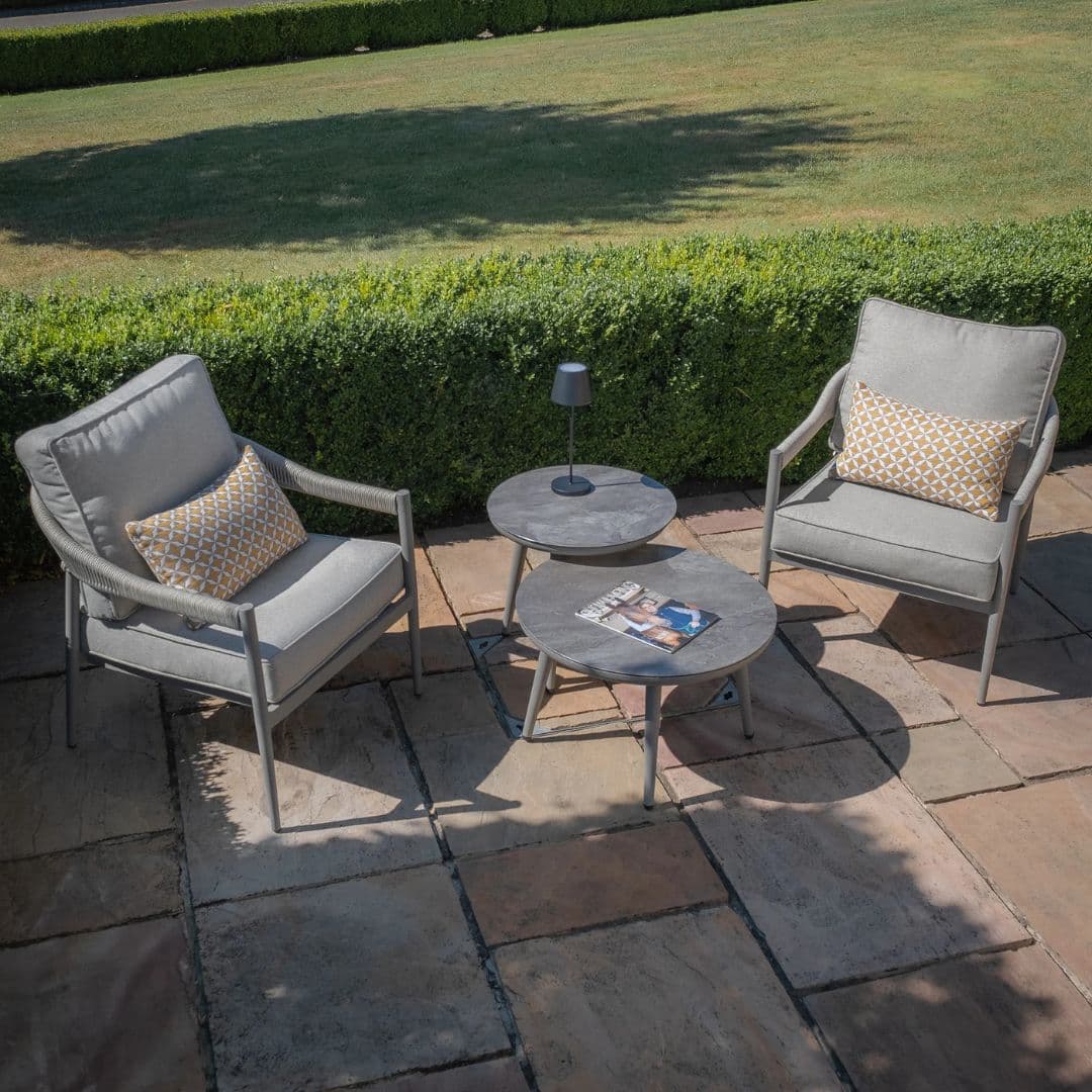 Cool linen with dawn grey frame Rope Weave 2-Seat Bistro Set with a Pair of Round Tables and Grey Cushions.