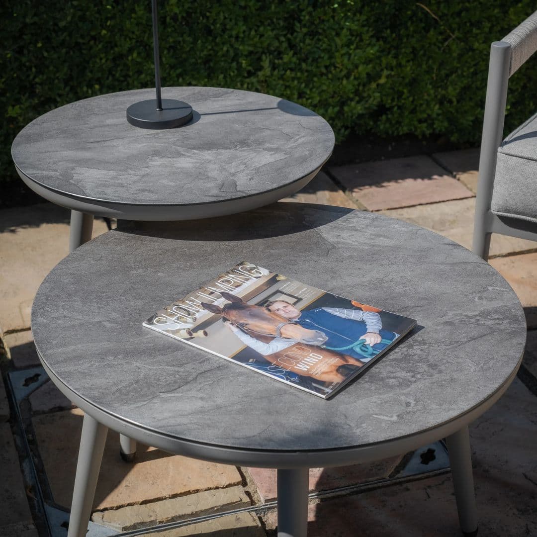 Cool linen with dawn grey frame Rope Weave 2-Seat Bistro Set with a Pair of Round Tables and Grey Cushions.