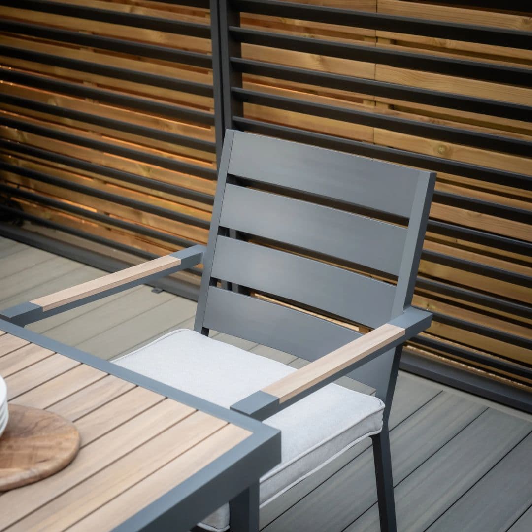 4 seat square aluminium dining set with wood effect arms and table top.
